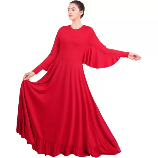 OwlFay Womens Angel Wings Liturgical Praise Dance Dress Solid Ruffle Loose Fit Full Length Church Dancewear Worship CostumeRed