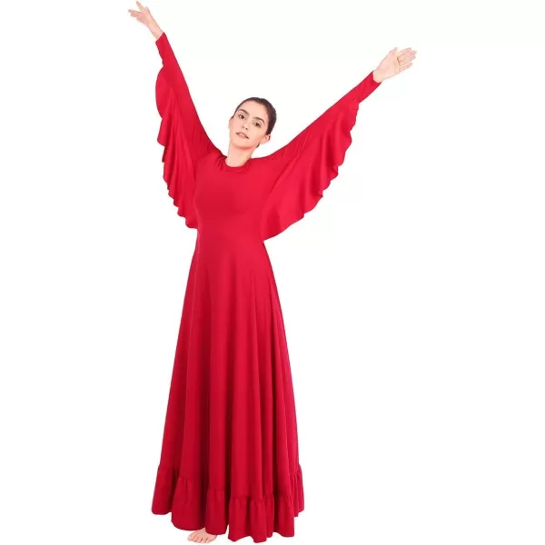 OwlFay Womens Angel Wings Liturgical Praise Dance Dress Solid Ruffle Loose Fit Full Length Church Dancewear Worship CostumeRed