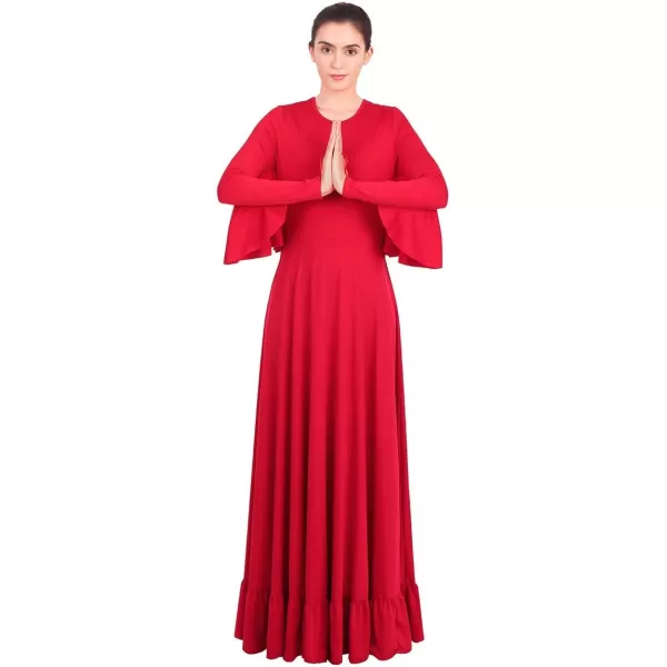 OwlFay Womens Angel Wings Liturgical Praise Dance Dress Solid Ruffle Loose Fit Full Length Church Dancewear Worship CostumeRed