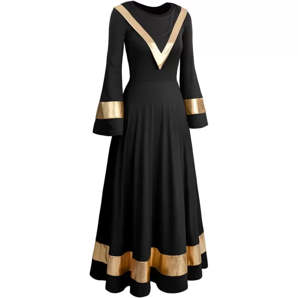 OwlFay Womens Metallic Gold Liturgical Praise Dance Dress Ruffle Bell Sleeve Loose Fit Full Length Dancewear Worship CostumeBlack