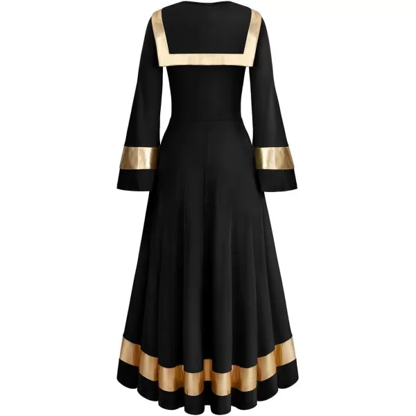 OwlFay Womens Metallic Gold Liturgical Praise Dance Dress Ruffle Bell Sleeve Loose Fit Full Length Dancewear Worship CostumeBlack