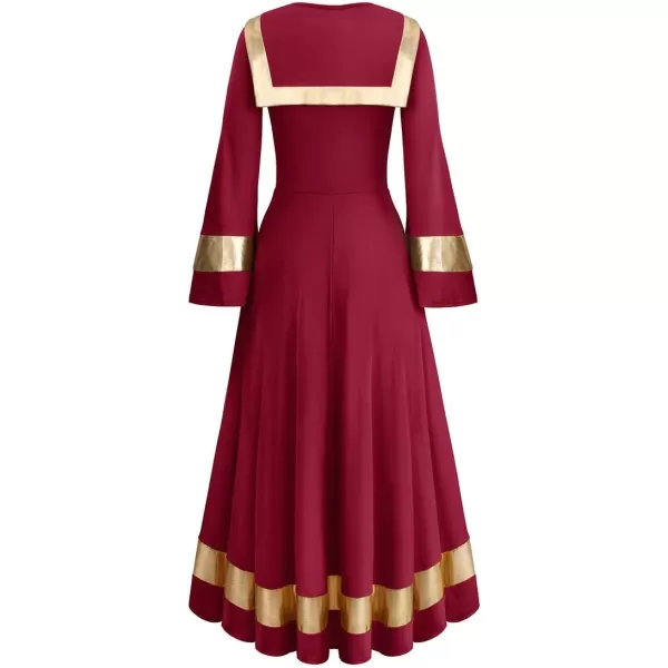 OwlFay Womens Metallic Gold Liturgical Praise Dance Dress Ruffle Bell Sleeve Loose Fit Full Length Dancewear Worship CostumeWine Red