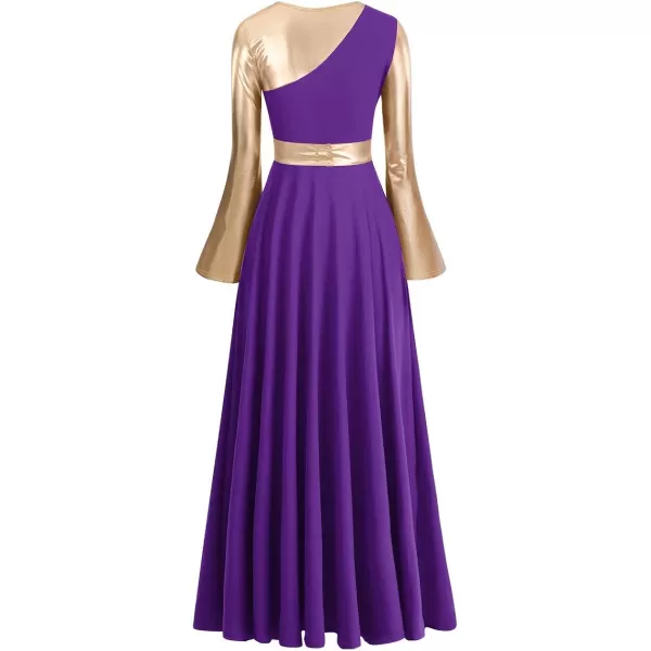 OwlFay Womens Praise Dance Dress Metallic Color Block Liturgical Church Dancewear Lyrical Skirt Worship Costume WaistbandPurple  Gold