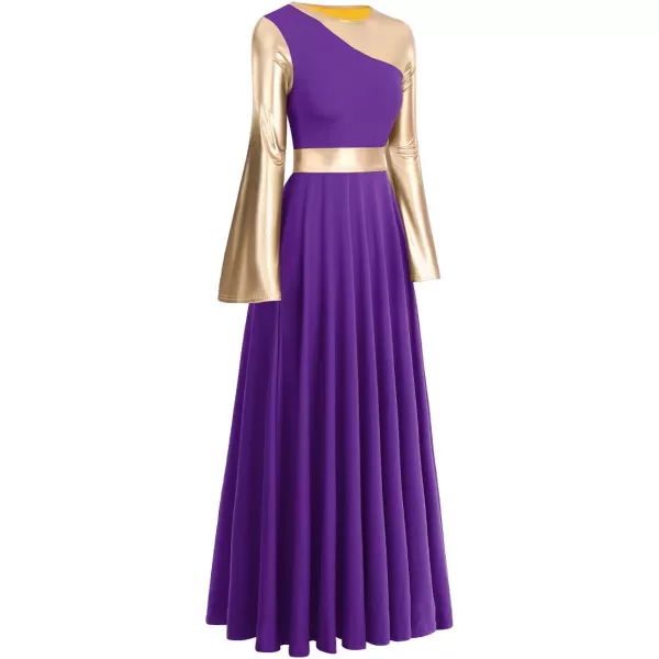 OwlFay Womens Praise Dance Dress Metallic Color Block Liturgical Church Dancewear Lyrical Skirt Worship Costume WaistbandPurple  Gold