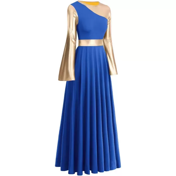 OwlFay Womens Praise Dance Dress Metallic Color Block Liturgical Church Dancewear Lyrical Skirt Worship Costume WaistbandRoyal Blue  Gold