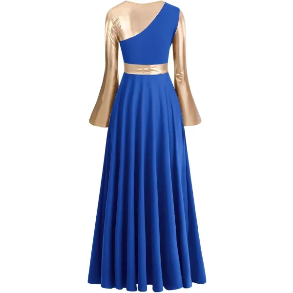 OwlFay Womens Praise Dance Dress Metallic Color Block Liturgical Church Dancewear Lyrical Skirt Worship Costume WaistbandRoyal Blue  Gold