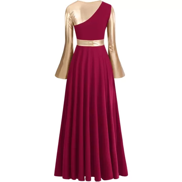 OwlFay Womens Praise Dance Dress Metallic Color Block Liturgical Church Dancewear Lyrical Skirt Worship Costume WaistbandWine Red  Gold