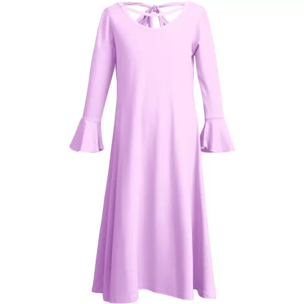 Praise Dance Dress for Girls Kid Solid Bell Long Sleeve Liturgical Loose Fit Full Length Worship Skirt Church DancewearLight Purple
