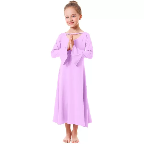 Praise Dance Dress for Girls Kid Solid Bell Long Sleeve Liturgical Loose Fit Full Length Worship Skirt Church DancewearLight Purple