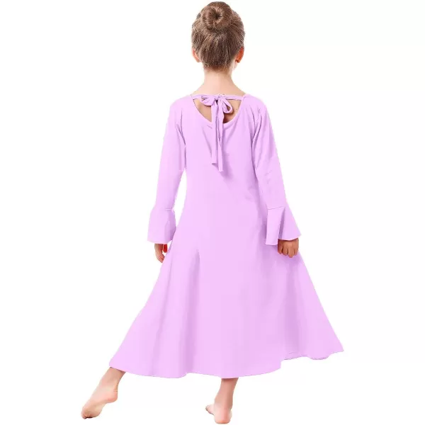 Praise Dance Dress for Girls Kid Solid Bell Long Sleeve Liturgical Loose Fit Full Length Worship Skirt Church DancewearLight Purple