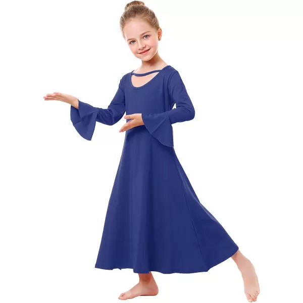 Praise Dance Dress for Girls Kid Solid Bell Long Sleeve Liturgical Loose Fit Full Length Worship Skirt Church DancewearNavy Blue