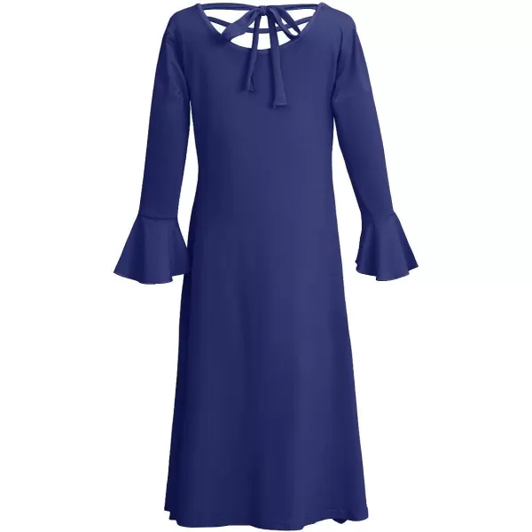 Praise Dance Dress for Girls Kid Solid Bell Long Sleeve Liturgical Loose Fit Full Length Worship Skirt Church DancewearNavy Blue