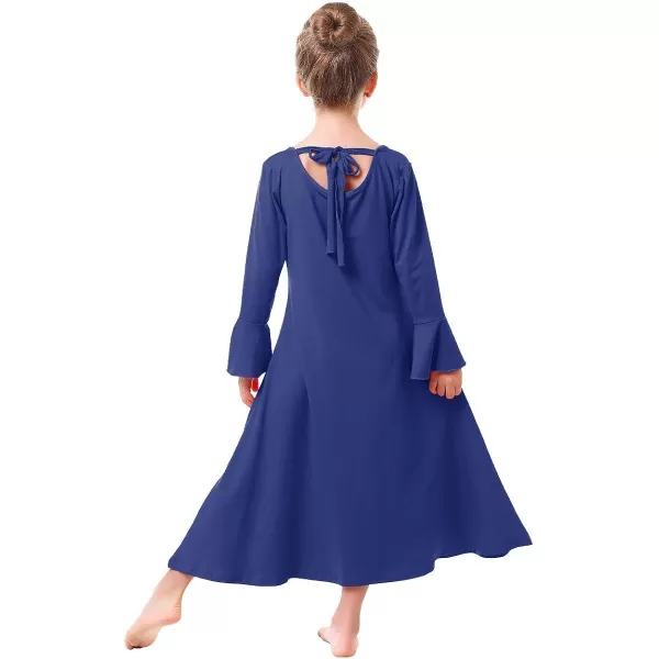 Praise Dance Dress for Girls Kid Solid Bell Long Sleeve Liturgical Loose Fit Full Length Worship Skirt Church DancewearNavy Blue