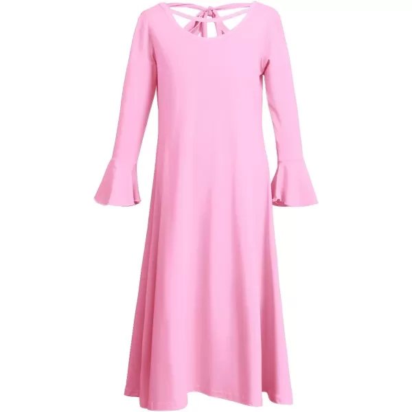 Praise Dance Dress for Girls Kid Solid Bell Long Sleeve Liturgical Loose Fit Full Length Worship Skirt Church DancewearPink