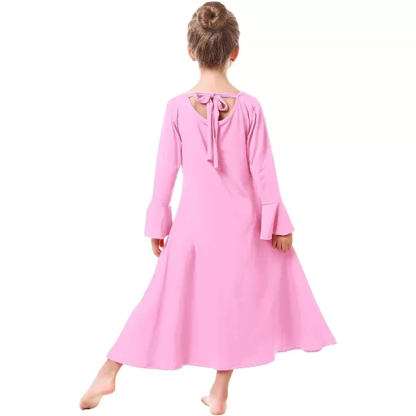 Praise Dance Dress for Girls Kid Solid Bell Long Sleeve Liturgical Loose Fit Full Length Worship Skirt Church DancewearPink