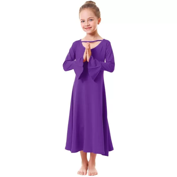 Praise Dance Dress for Girls Kid Solid Bell Long Sleeve Liturgical Loose Fit Full Length Worship Skirt Church DancewearPurple