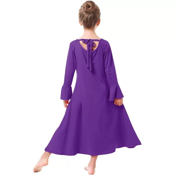 Praise Dance Dress for Girls Kid Solid Bell Long Sleeve Liturgical Loose Fit Full Length Worship Skirt Church DancewearPurple