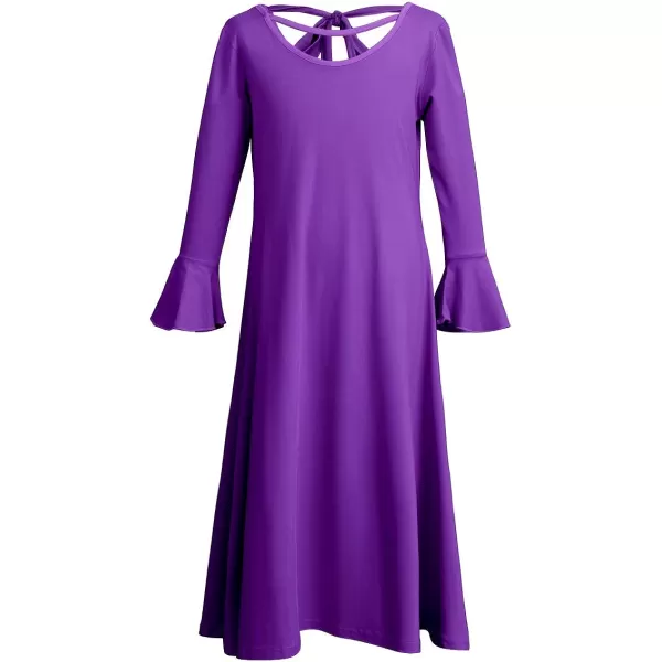 Praise Dance Dress for Girls Kid Solid Bell Long Sleeve Liturgical Loose Fit Full Length Worship Skirt Church DancewearPurple