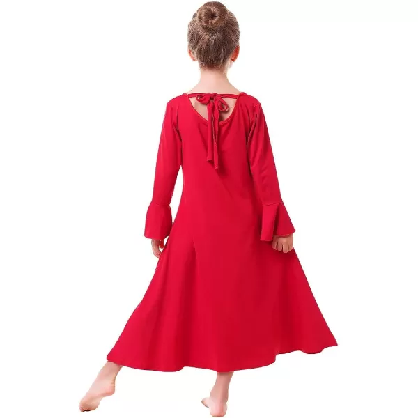 Praise Dance Dress for Girls Kid Solid Bell Long Sleeve Liturgical Loose Fit Full Length Worship Skirt Church DancewearRed