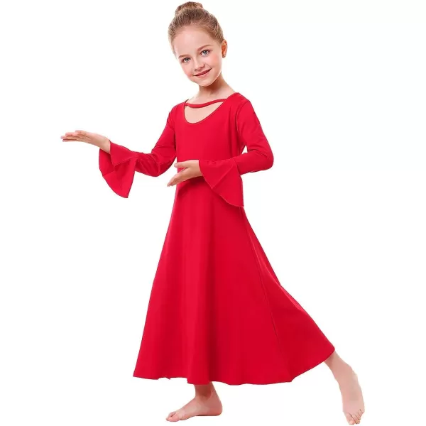 Praise Dance Dress for Girls Kid Solid Bell Long Sleeve Liturgical Loose Fit Full Length Worship Skirt Church DancewearRed