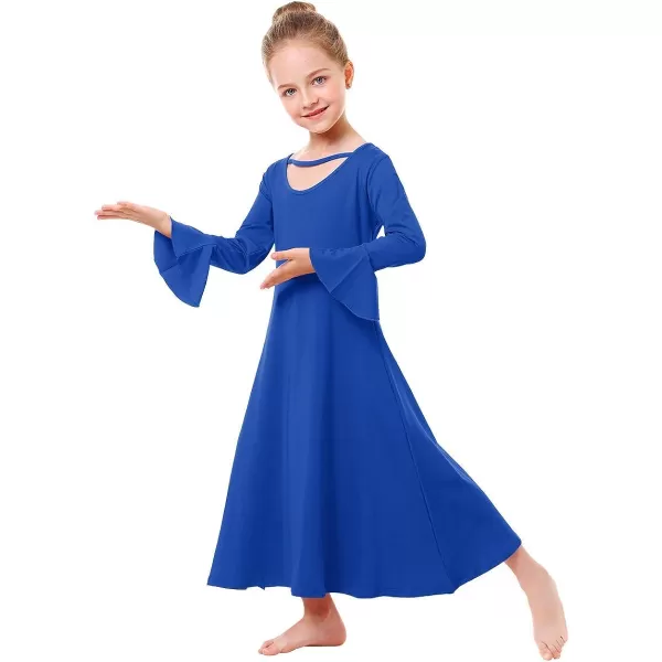 Praise Dance Dress for Girls Kid Solid Bell Long Sleeve Liturgical Loose Fit Full Length Worship Skirt Church DancewearRoyal Blue
