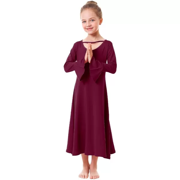 Praise Dance Dress for Girls Kid Solid Bell Long Sleeve Liturgical Loose Fit Full Length Worship Skirt Church DancewearWine Red