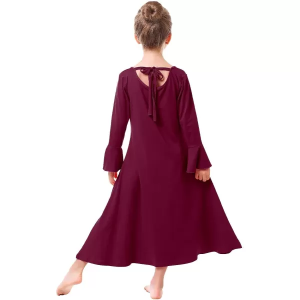 Praise Dance Dress for Girls Kid Solid Bell Long Sleeve Liturgical Loose Fit Full Length Worship Skirt Church DancewearWine Red