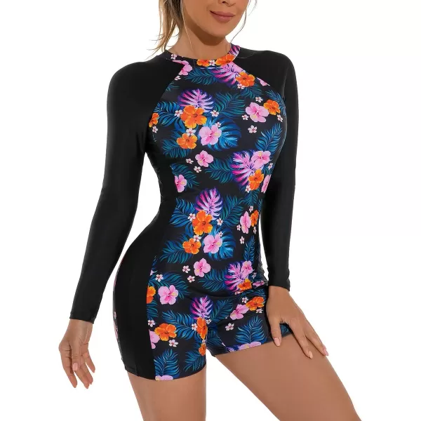 Rash Guard for Women Long Sleeve UV Sun Protection Rash Guard Shirts One Piece Swimsuit Zip Surfing Bathing Suit UPF 50Blue  Pink Floral  Long Sleeve