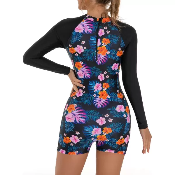 Rash Guard for Women Long Sleeve UV Sun Protection Rash Guard Shirts One Piece Swimsuit Zip Surfing Bathing Suit UPF 50Blue  Pink Floral  Long Sleeve