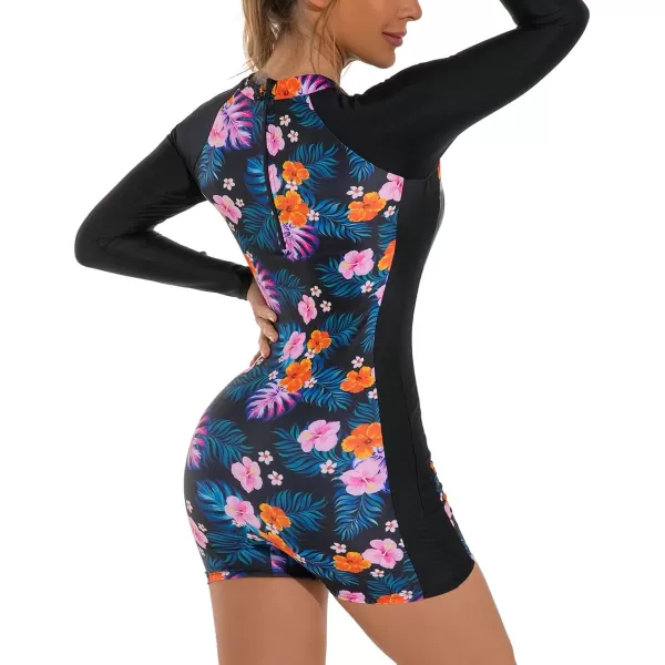 Rash Guard for Women Long Sleeve UV Sun Protection Rash Guard Shirts One Piece Swimsuit Zip Surfing Bathing Suit UPF 50Blue  Pink Floral  Long Sleeve