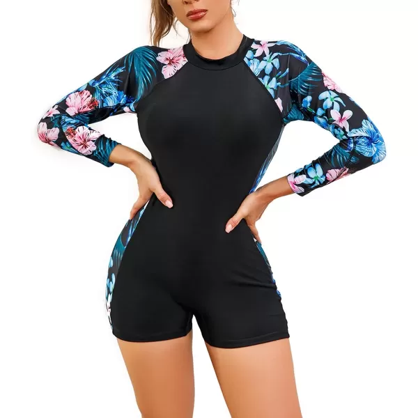 Rash Guard for Women Long Sleeve UV Sun Protection Rash Guard Shirts One Piece Swimsuit Zip Surfing Bathing Suit UPF 50Blue Floral  Long Sleeve