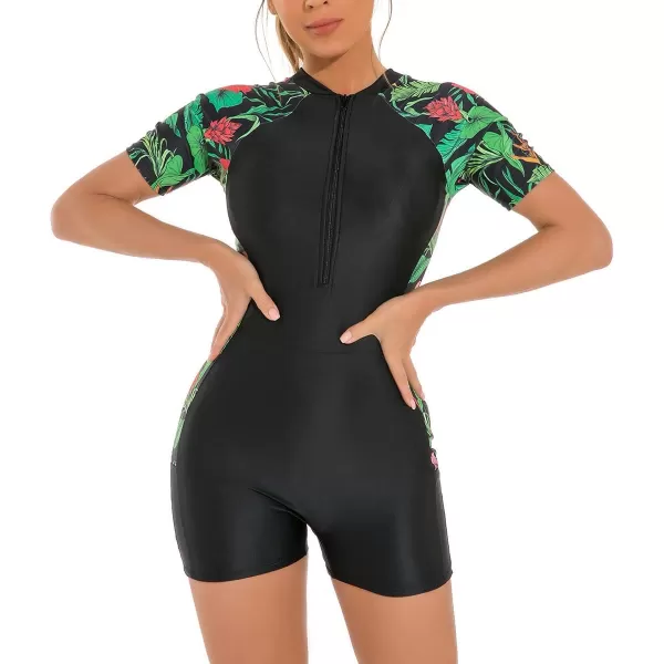 Rash Guard for Women Long Sleeve UV Sun Protection Rash Guard Shirts One Piece Swimsuit Zip Surfing Bathing Suit UPF 50Green Leaves