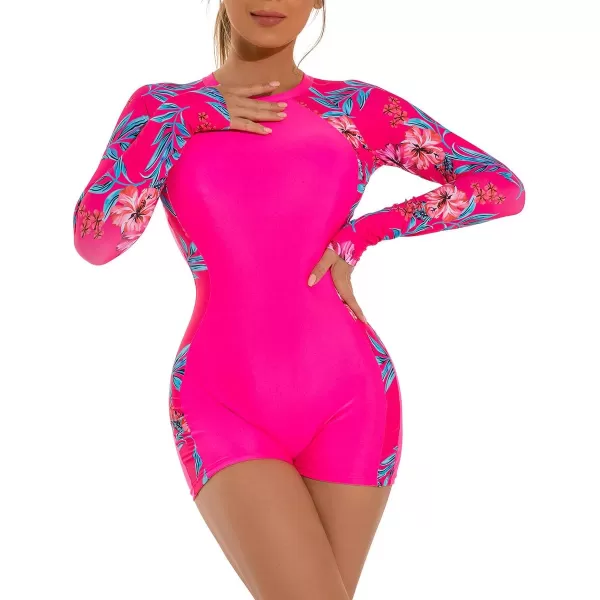Rash Guard for Women Long Sleeve UV Sun Protection Rash Guard Shirts One Piece Swimsuit Zip Surfing Bathing Suit UPF 50Hot Pink Floral  Cutout