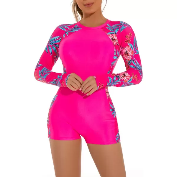 Rash Guard for Women Long Sleeve UV Sun Protection Rash Guard Shirts One Piece Swimsuit Zip Surfing Bathing Suit UPF 50Hot Pink Floral  Cutout