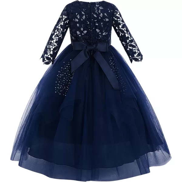 Sequins Flower Girls Lace Dress for Kids Wedding Bridesmaid Pageant Party Maxi Gown Irregular Puffy Tulle Dresses 314YNavy Blue
