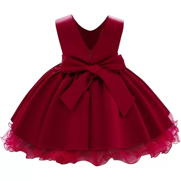 Toddler Baby Flower Girls Bowknot Tutu Dress Princess Pageant Wedding Birthday Party VBack Backless Puffy Tulle GownDark Red