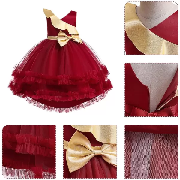 Toddler Baby Flower Girls Sequins Bowknot High Low Tutu Dress Petal Lace Princess Pageant Wedding Birthday Party Formal GownDark Red  High Low