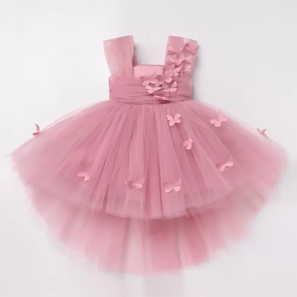 Toddler Baby Flower Girls Sequins Bowknot High Low Tutu Dress Petal Lace Princess Pageant Wedding Birthday Party Formal GownDusty Pink Butterfly