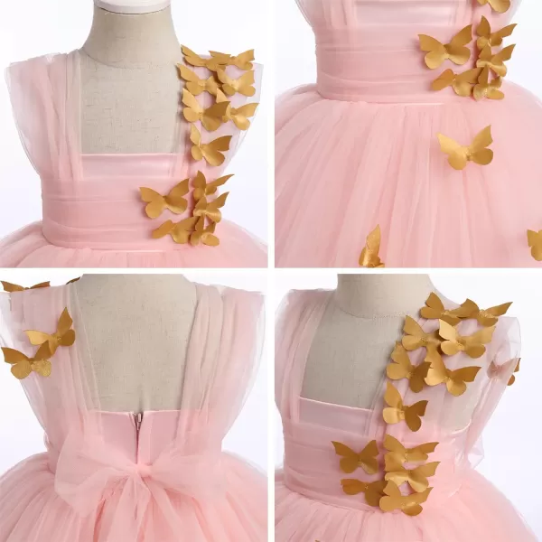 Toddler Baby Flower Girls Sequins Bowknot High Low Tutu Dress Petal Lace Princess Pageant Wedding Birthday Party Formal GownPink  Gold Butterfly