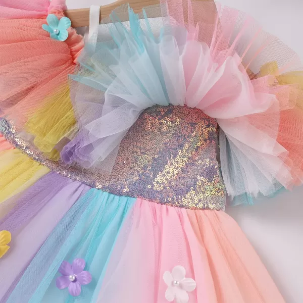 Toddler Baby Flower Girls Sequins Bowknot High Low Tutu Dress Petal Lace Princess Pageant Wedding Birthday Party Formal GownRainbow Flower  Ruffle