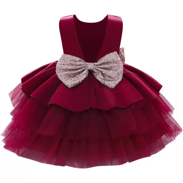 Toddler Baby Flower Girls Sequins Bowknot Tutu Dress Princess Pageant Wedding Birthday Party Backless Puffy Tulle GownWine Red