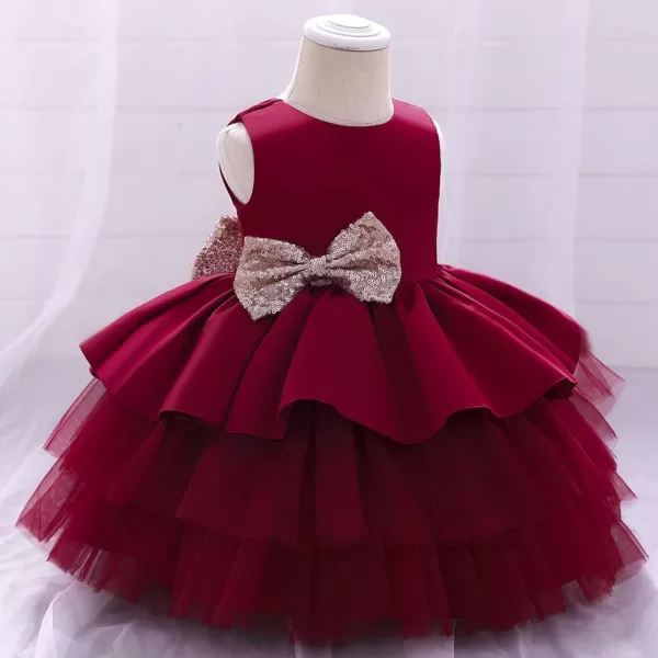 Toddler Baby Flower Girls Sequins Bowknot Tutu Dress Princess Pageant Wedding Birthday Party Backless Puffy Tulle GownWine Red