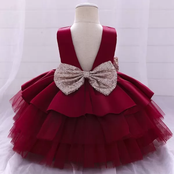 Toddler Baby Flower Girls Sequins Bowknot Tutu Dress Princess Pageant Wedding Birthday Party Backless Puffy Tulle GownWine Red