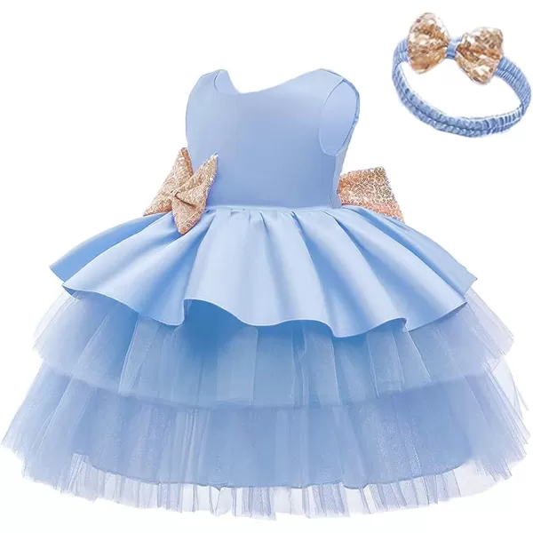 Toddler Baby Flower Girls Sequins Bowknot Tutu Dress Princess Pageant Wedding Birthday Party Backless Tulle Gown  HeadwearBlue