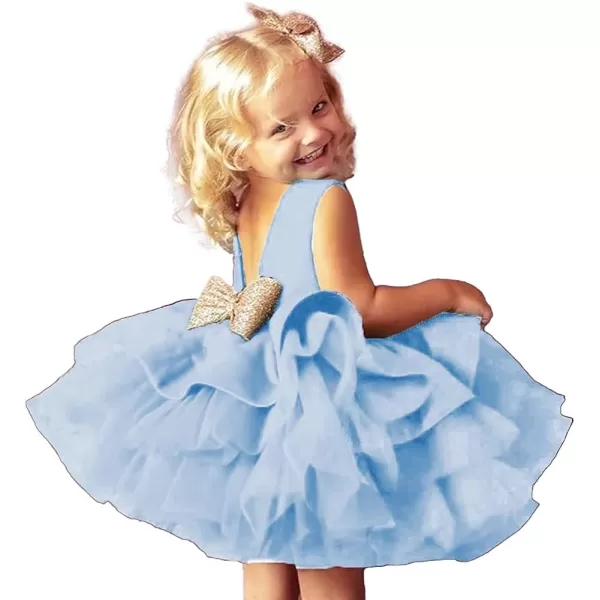 Toddler Baby Flower Girls Sequins Bowknot Tutu Dress Princess Pageant Wedding Birthday Party Backless Tulle Gown  HeadwearBlue