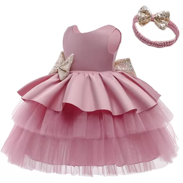 Toddler Baby Flower Girls Sequins Bowknot Tutu Dress Princess Pageant Wedding Birthday Party Backless Tulle Gown  HeadwearDusty Pink