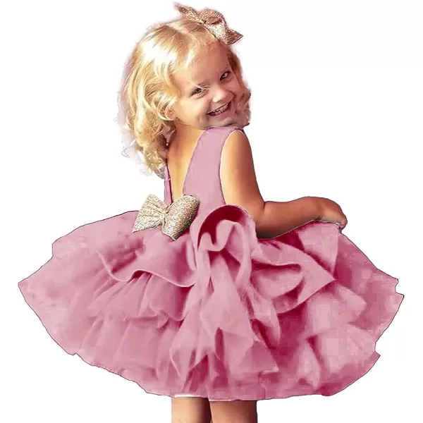 Toddler Baby Flower Girls Sequins Bowknot Tutu Dress Princess Pageant Wedding Birthday Party Backless Tulle Gown  HeadwearDusty Pink