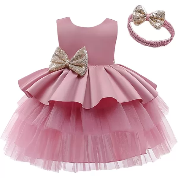 Toddler Baby Flower Girls Sequins Bowknot Tutu Dress Princess Pageant Wedding Birthday Party Backless Tulle Gown  HeadwearDusty Pink