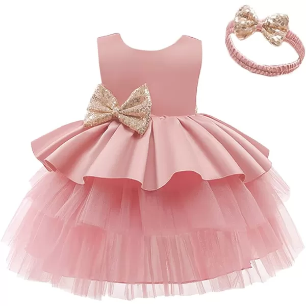 Toddler Baby Flower Girls Sequins Bowknot Tutu Dress Princess Pageant Wedding Birthday Party Backless Tulle Gown  HeadwearPink