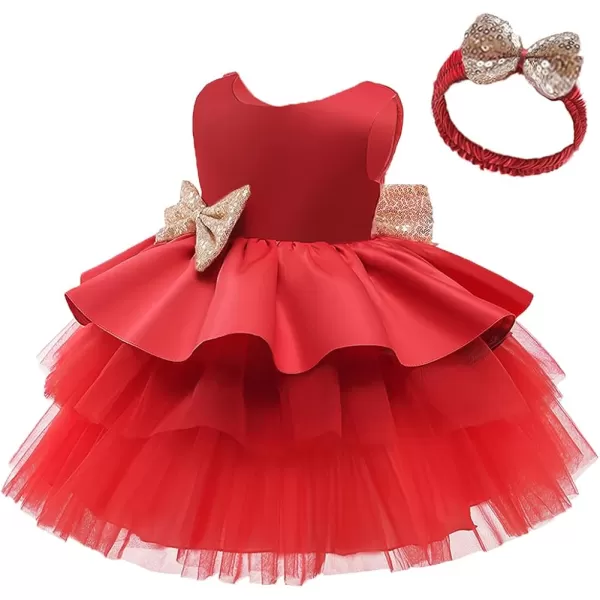 Toddler Baby Flower Girls Sequins Bowknot Tutu Dress Princess Pageant Wedding Birthday Party Backless Tulle Gown  HeadwearRed